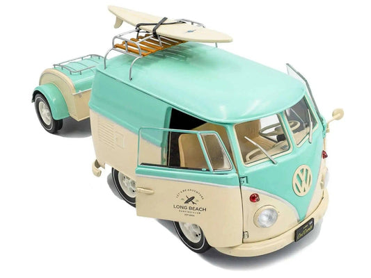 2024 Volkswagen Cool Combi Van with Trailer "Long Beach Surfing Club" Mint Green and Cream with Roof Rack and Surfboard 1/18 Diecast Model Car by Solido Miniature Motors Default Title Default Title-