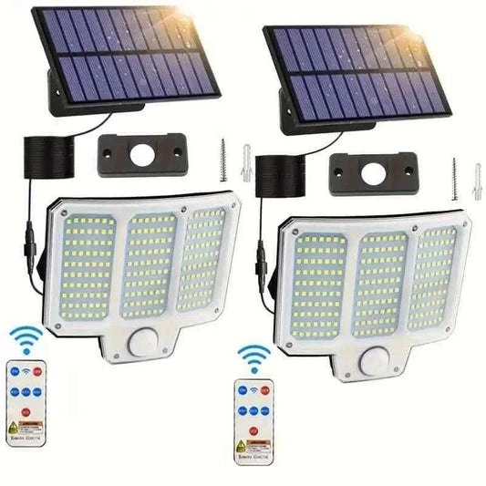 Solar LED wall lamp set with two lamp heads, two solar panels, mounting plates, and screws