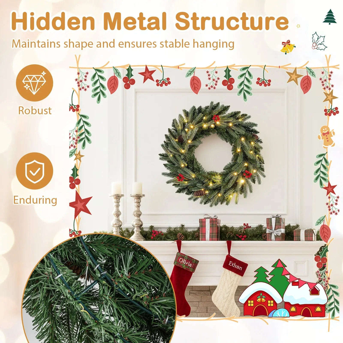 24” Pre-lit Christmas Wreath Set of 2 Front Door Artificial Xmas Wreath with 90 Frosted Branch Tips Cartsfy Inc.