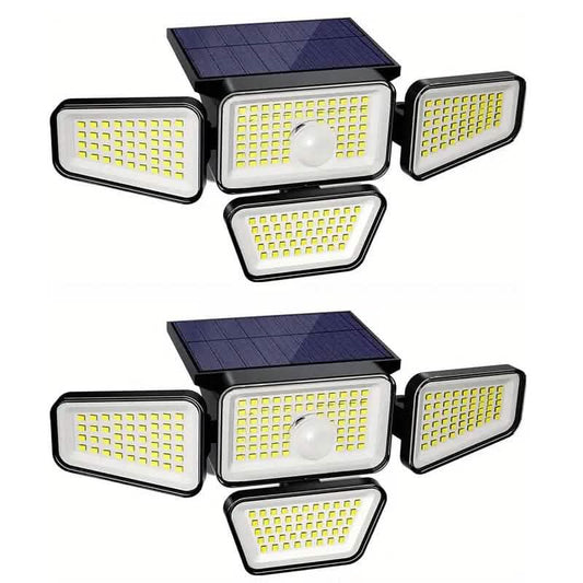 Set of two solar LED garden lights, each with four lamp heads and top solar panel