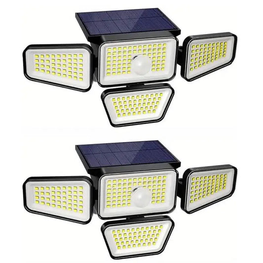 Set of two solar LED garden lights, each with four lamp heads and top solar panel