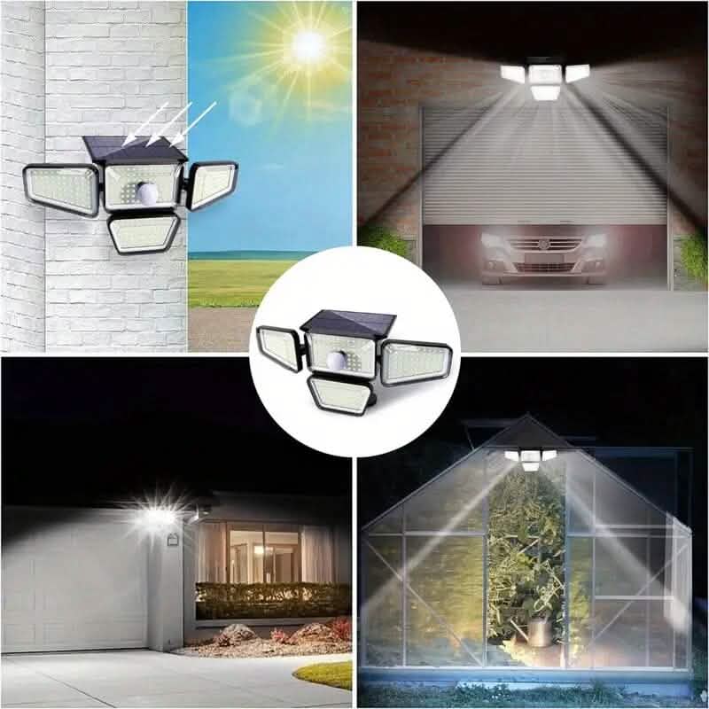 Solar LED garden light with four adjustable panels and shielded LEDs