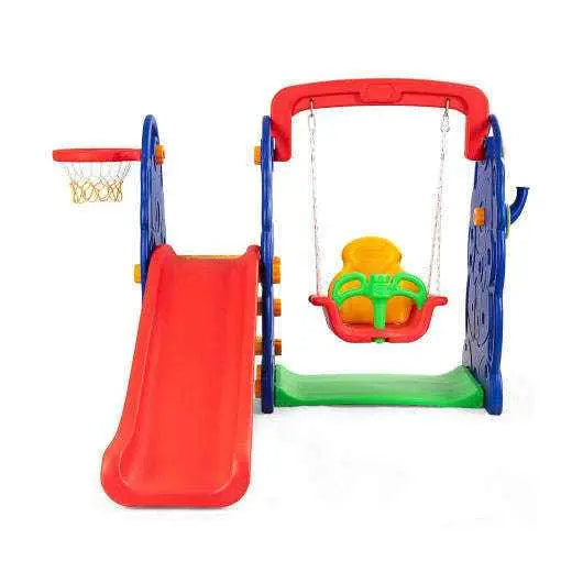 Kids' freestanding slide swing seat with basketball hoop, blue frame and red slide