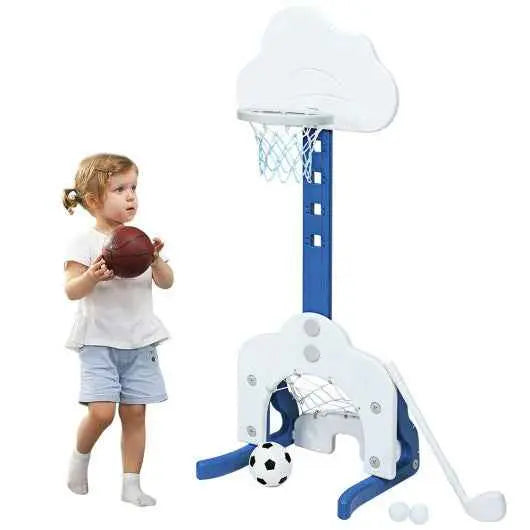 White kids 3-in-1 basketball hoop set with net, base, and mini balls included