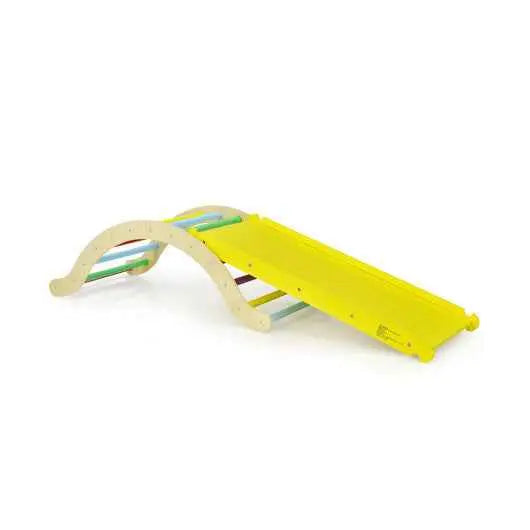 Kids wooden climber set with yellow slide ramp and curved arch rocker