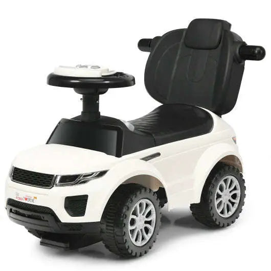 Toddler ride-on push car stroller in white with black seat and wheels