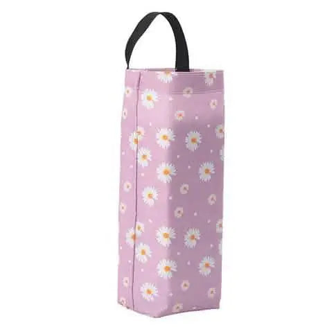 Purple daisy-print hanging trash storage bag with black handle
