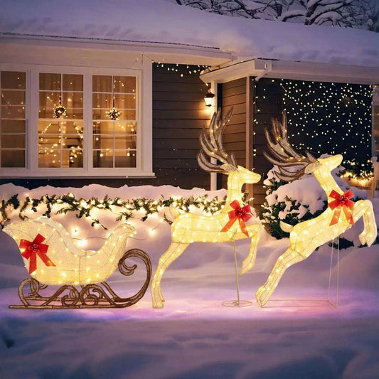 3-Piece Christmas Lighted Reindeer and Sleigh Set for Lawn & Garden Cartsfy Inc.