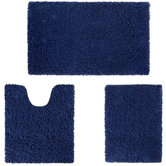 Navy 3-piece chenille bathroom rug set: rectangular bath mat and U-cut toilet mat