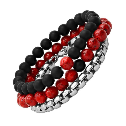 3 - Piece Set: Men's Black Lava, Red Agate And Round Box Link Bracelets - Cartsfy Inc.