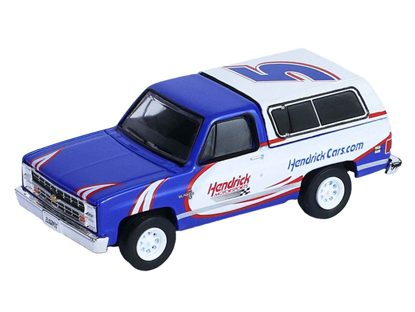 1986 Chevrolet K5 Blazer Blue and White and 1969 Chevrolet Camaro #5 Blue and White "Kyle Larson - Hendrick Motorsports" with Tandem Car Trailer "Racing Hitch & Tow" Series 6 1/64 Diecast Model Cars by Greenlight Miniature Motors Default Title Default Title-