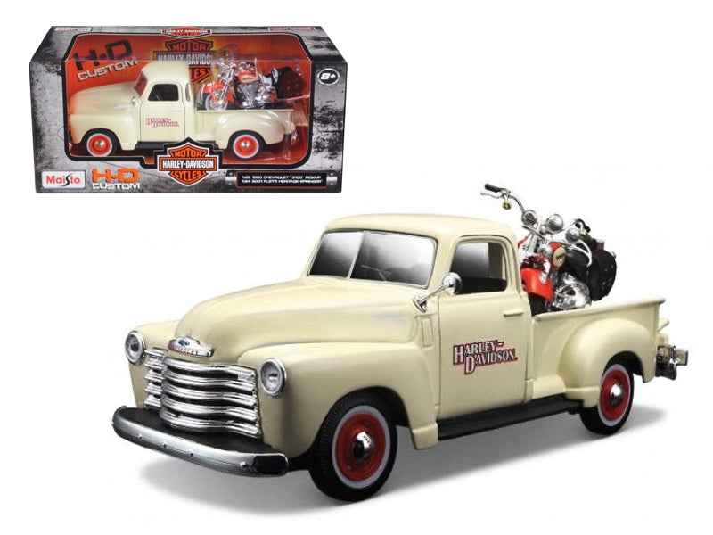 1950 Chevrolet 3100 Pickup Truck Cream 1/25 and 2001 FLSTS Heritage Springer Motorcycle Orange 1/24 "Harley-Davidson Custom" Series Diecast Models by Maisto Miniature Motors Default Title Default Title-