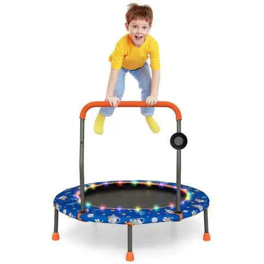 36-inch mini trampoline with blue padded mat, colorful LED lights, orange legs, speaker on pole