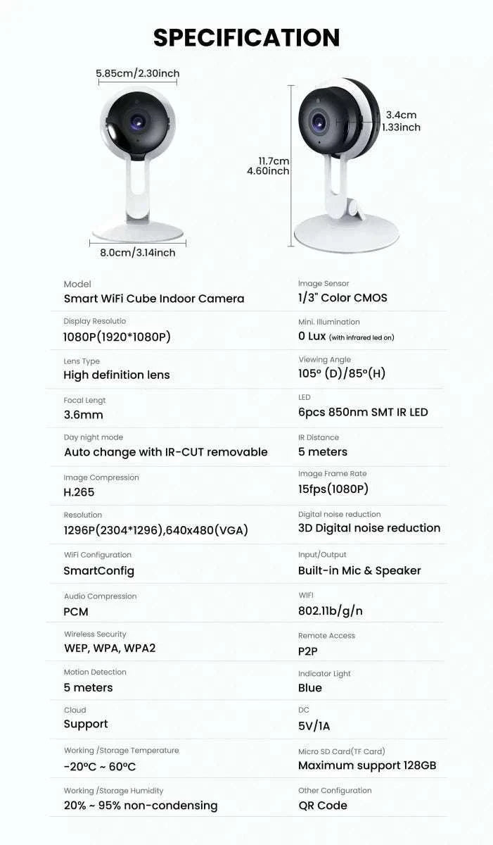 Wireless indoor security camera with two-way audio, shown on a base stand
