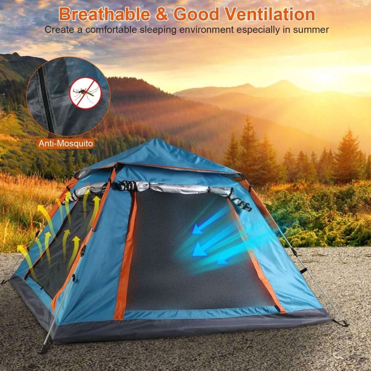 Blue dome camping tent with orange trim, mesh side ventilation panel and dark base