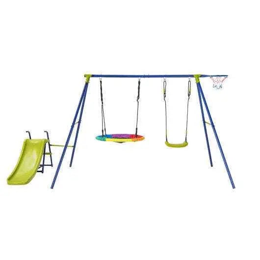 Blue heavy-duty metal playset with green slide and four swings, includes basketball hoop net