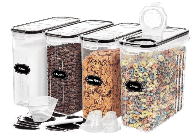 4 clear airtight cereal storage containers with pour spouts, labels, and measuring cup
