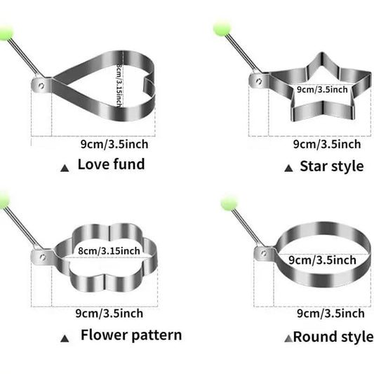 Stainless steel egg ring molds with heart, star, flower, and round shapes
