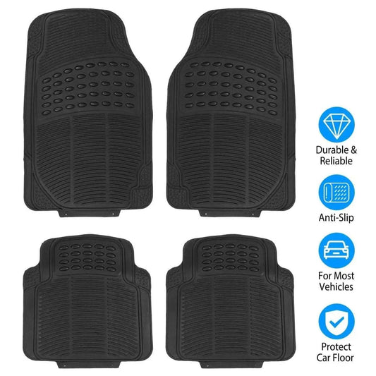 Set of four black floor mats with anti-slip tread dots and deep ribbed channels