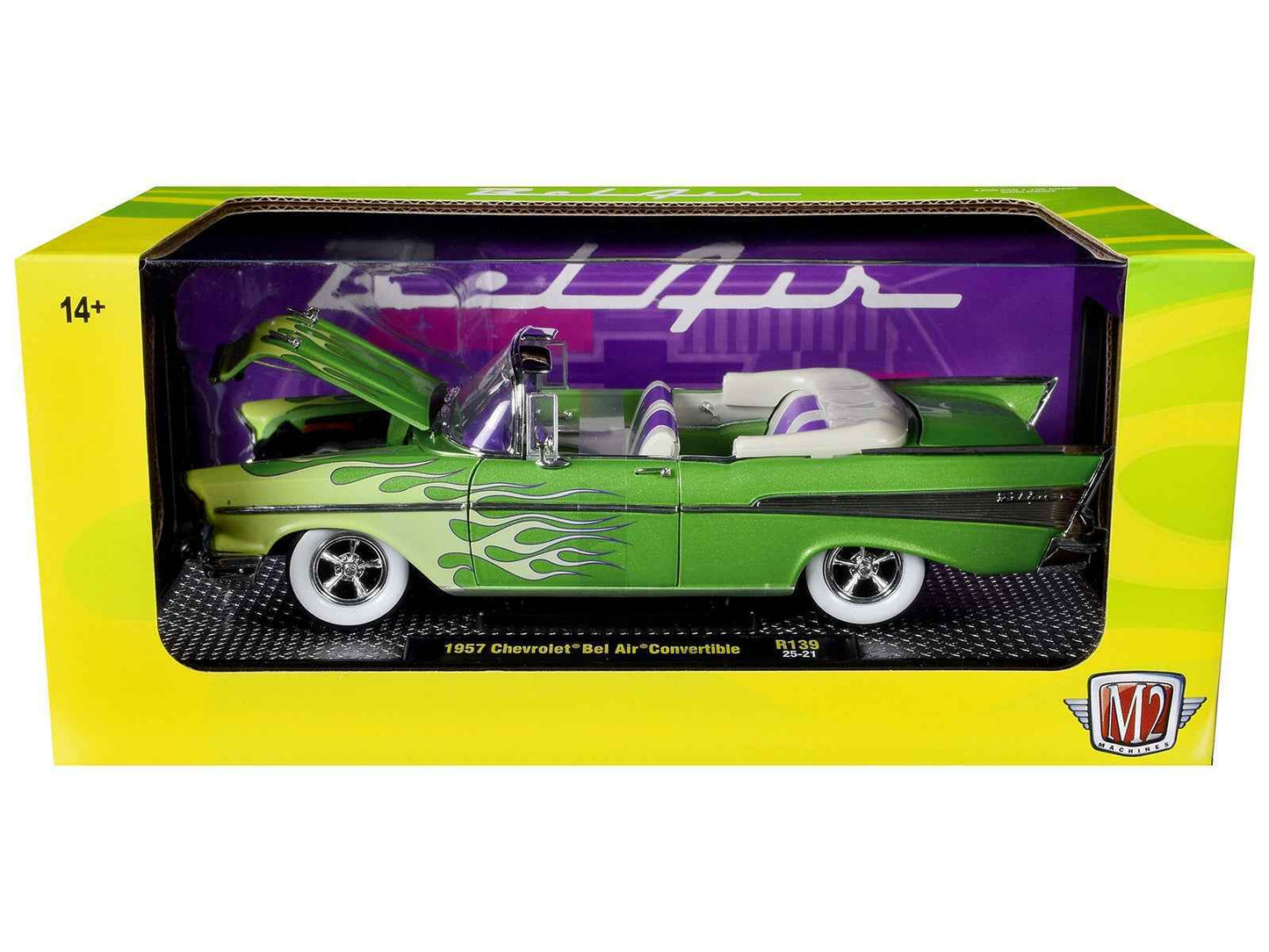1957 Chevrolet Bel Air Convertible Green Metallic with Flame Graphics and Purple and White Interior Limited Edition to 4050 pieces Worldwide 1/24 Diecast Model Car by M2 Machines Miniature Motors Default Title Default Title-