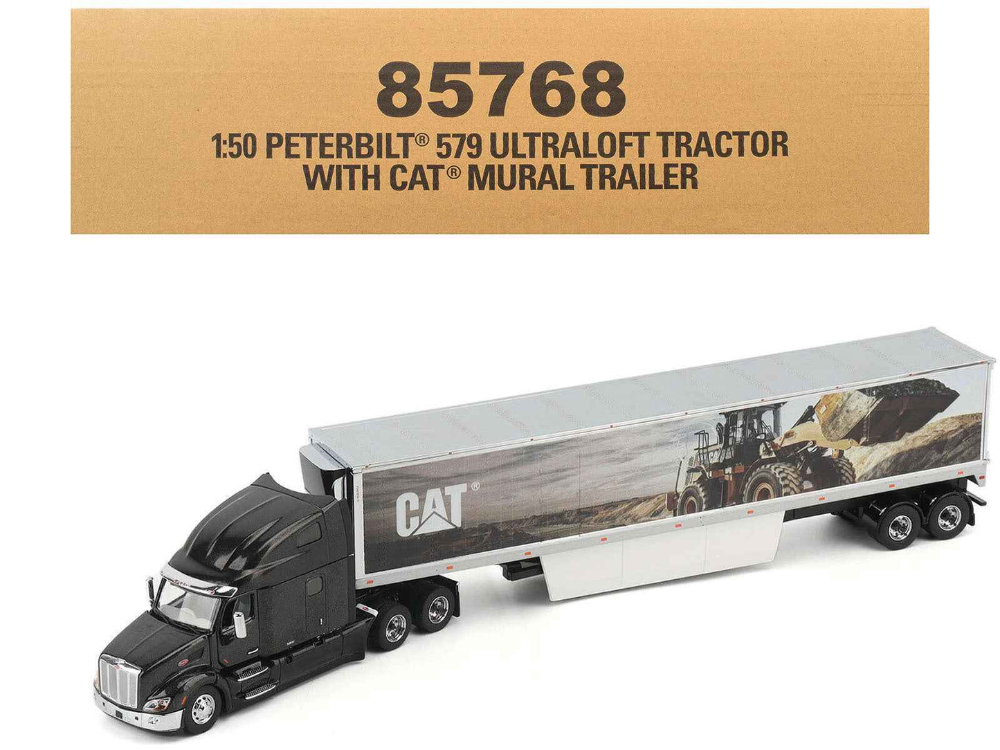 Peterbilt 579 UltraLoft Truck Tractor Black Metallic with "CAT Caterpillar" Mural Trailer "Transport Series" 1/50 Diecast Model by Diecast Masters Miniature Motors Default Title Default Title-