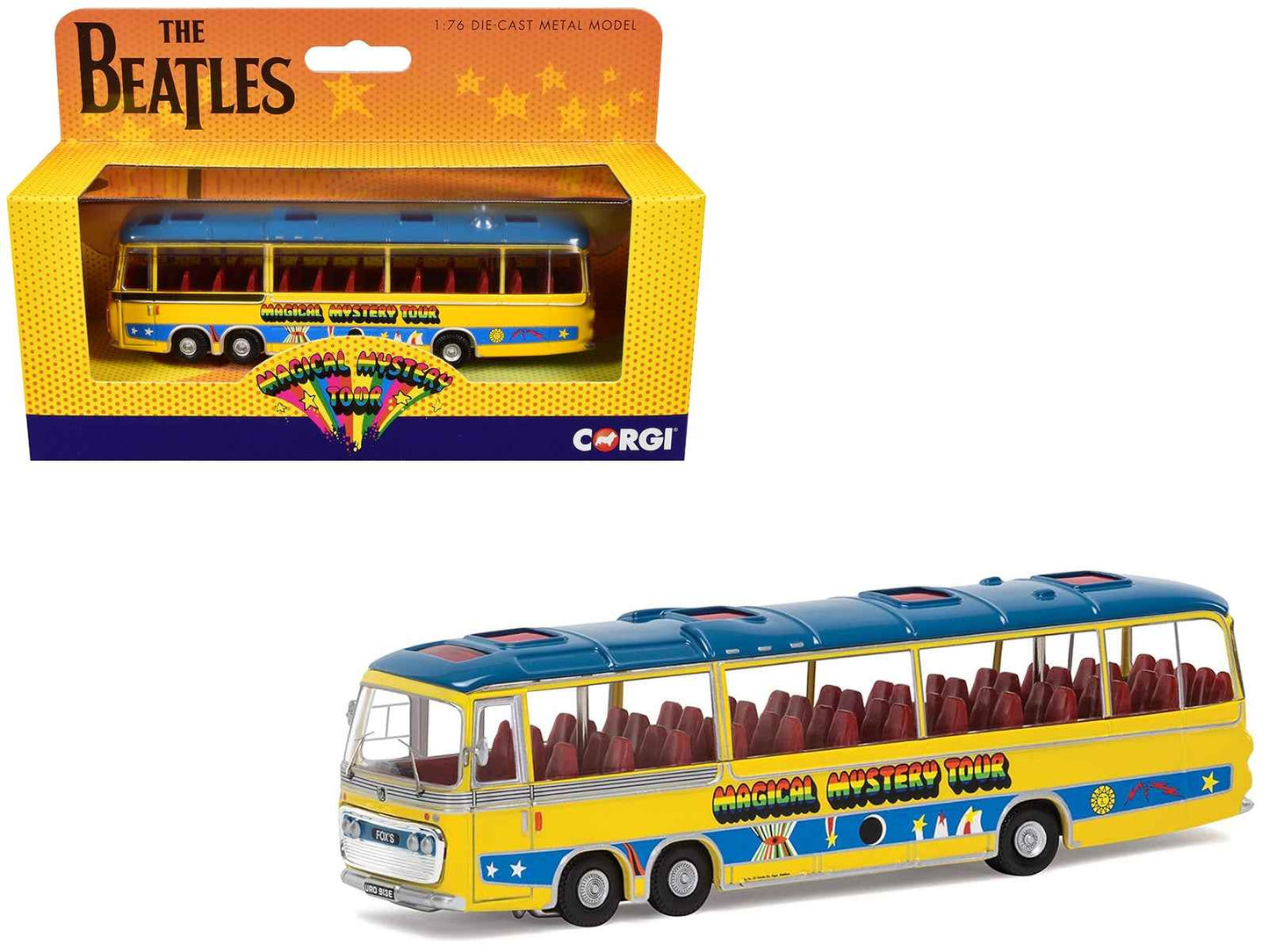 The Beatles "Magical Mystery Tour" Bus Yellow with Blue Top and Graphics Diecast Model Car by Corgi Miniature Motors Default Title Default Title-