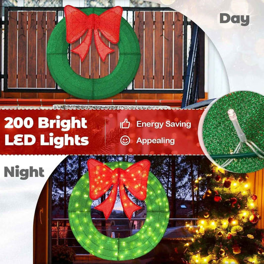 48 Inch Pre-Lit Lighted Christmas Mesh Wreath with Bow and 200 LED Bulbs