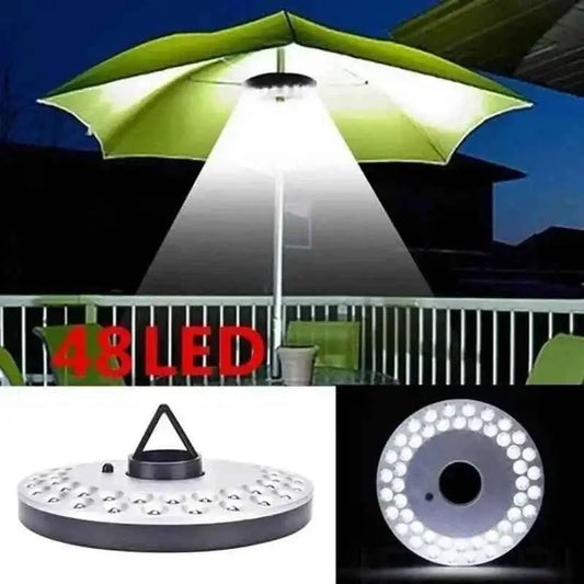 Umbrella pole LED light head with many bulb points, shown on an umbrella pole