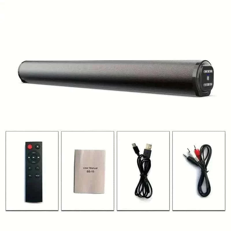 Soundbar speaker bar with remote, user manual, USB cable, and power cord accessories