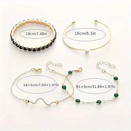 4pcs Green Emerald Rhinestone Snake Bracelet Set for Women - Cartsfy Inc.
