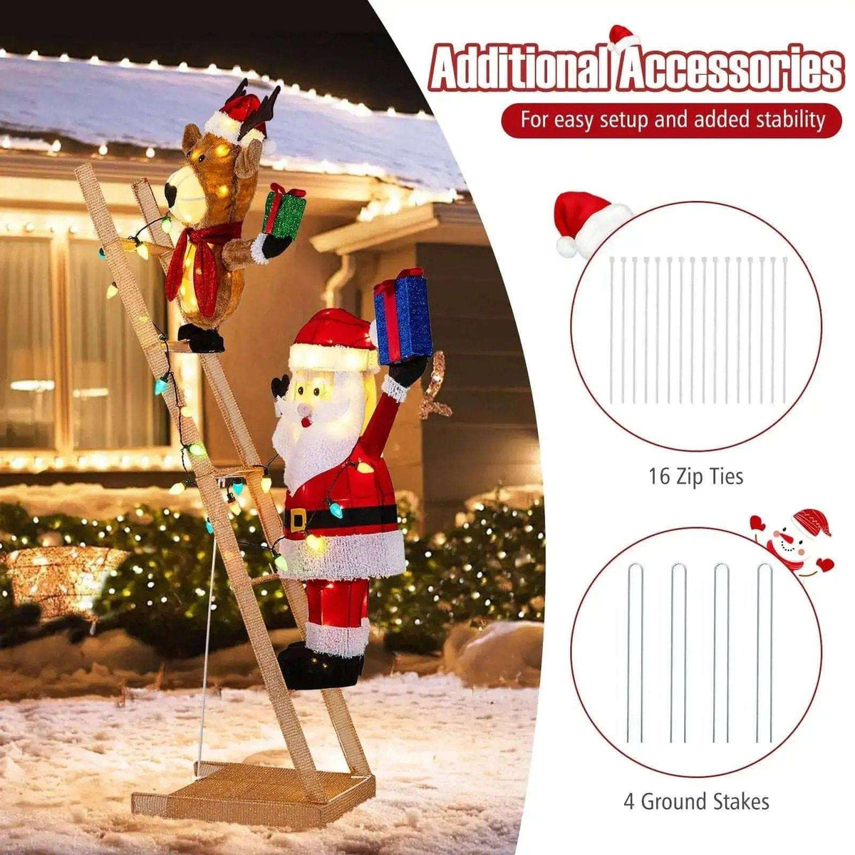 5.5 Feet Christmas Lighted Reindeer and Santa Claus on Ladder with 100 LED Lights Cartsfy Inc.