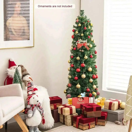 5/6/7/8 FT Pre-Lit Christmas Pencil Tree with Colorful Fiber Optics Green