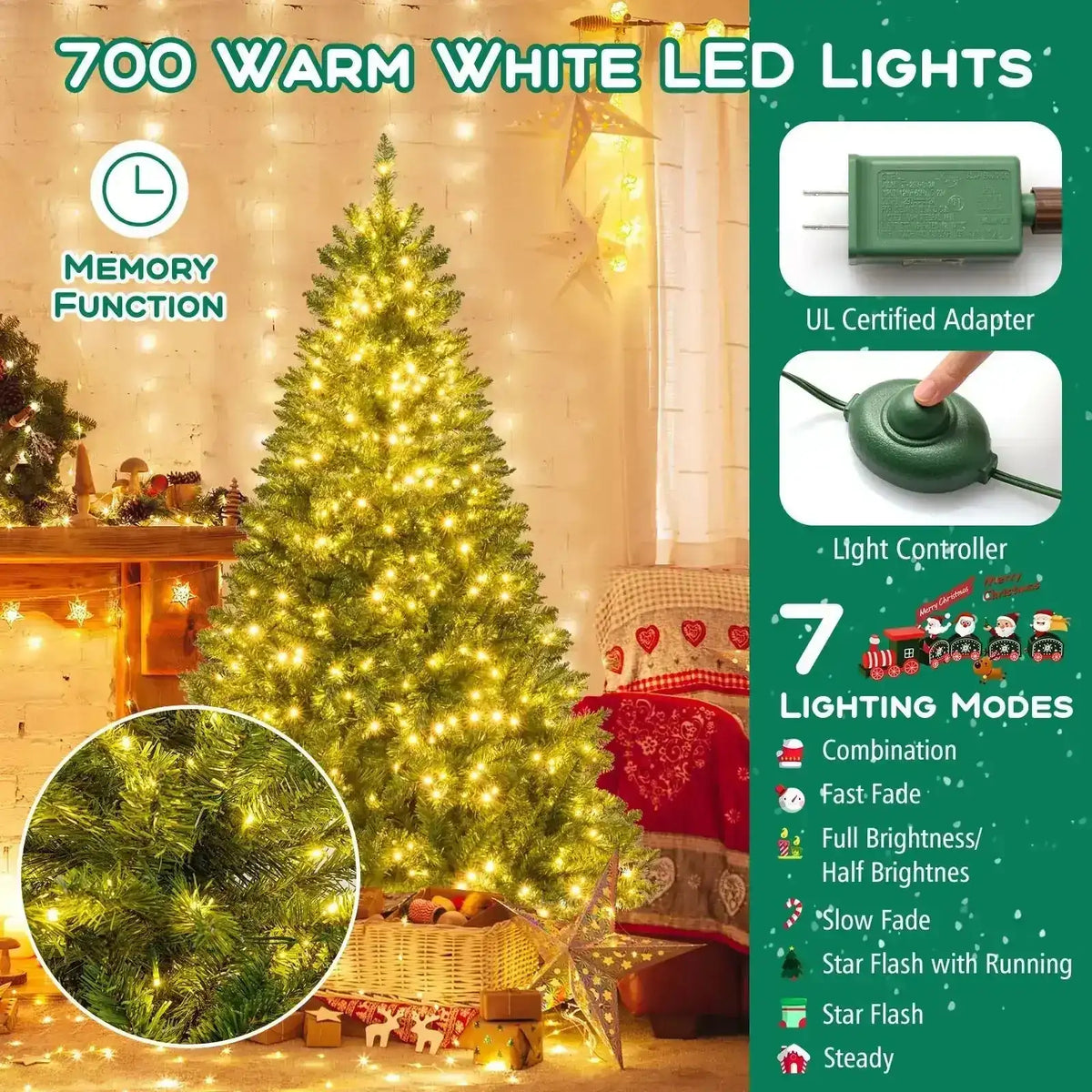 5/6/7 Feet Artificial Christmas Tree Hinged Xmas Tree with 7 Lighting Modes Cartsfy Inc.