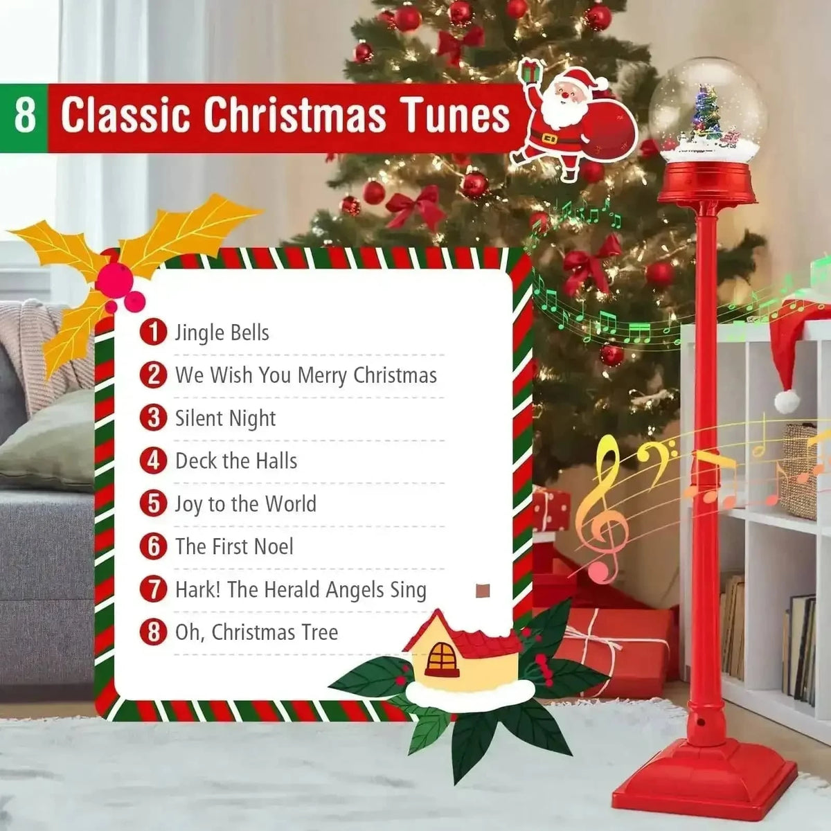 5 Ft Musical Christmas Street Lamp with 8 Tunes and Blowing Snow-Red Cartsfy Inc.