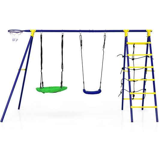 Kids outdoor swing set with A-frame, blue ladder, green round seat, hanging swings