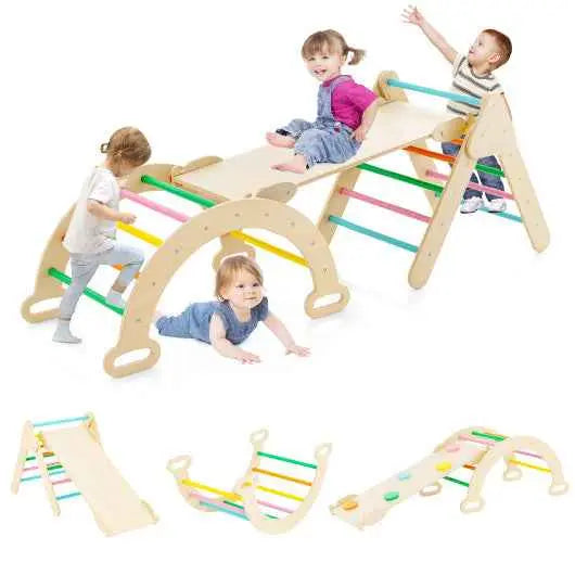 Multi-piece wooden kids climber with triangle arch ramp and colorful bars, beige frame.