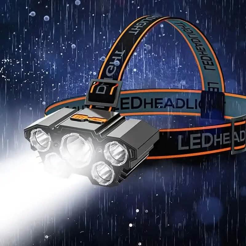 Outdoor LED headlamp with orange-trim strap and bright front light beams