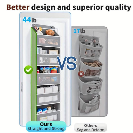 Over-the-door 5-tier storage organizer with sturdy frame, clear pockets, hanging hooks