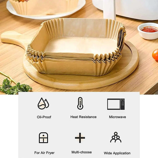 Air fryer paper liner tray, crimped edges, tan disposable liners in air fryer