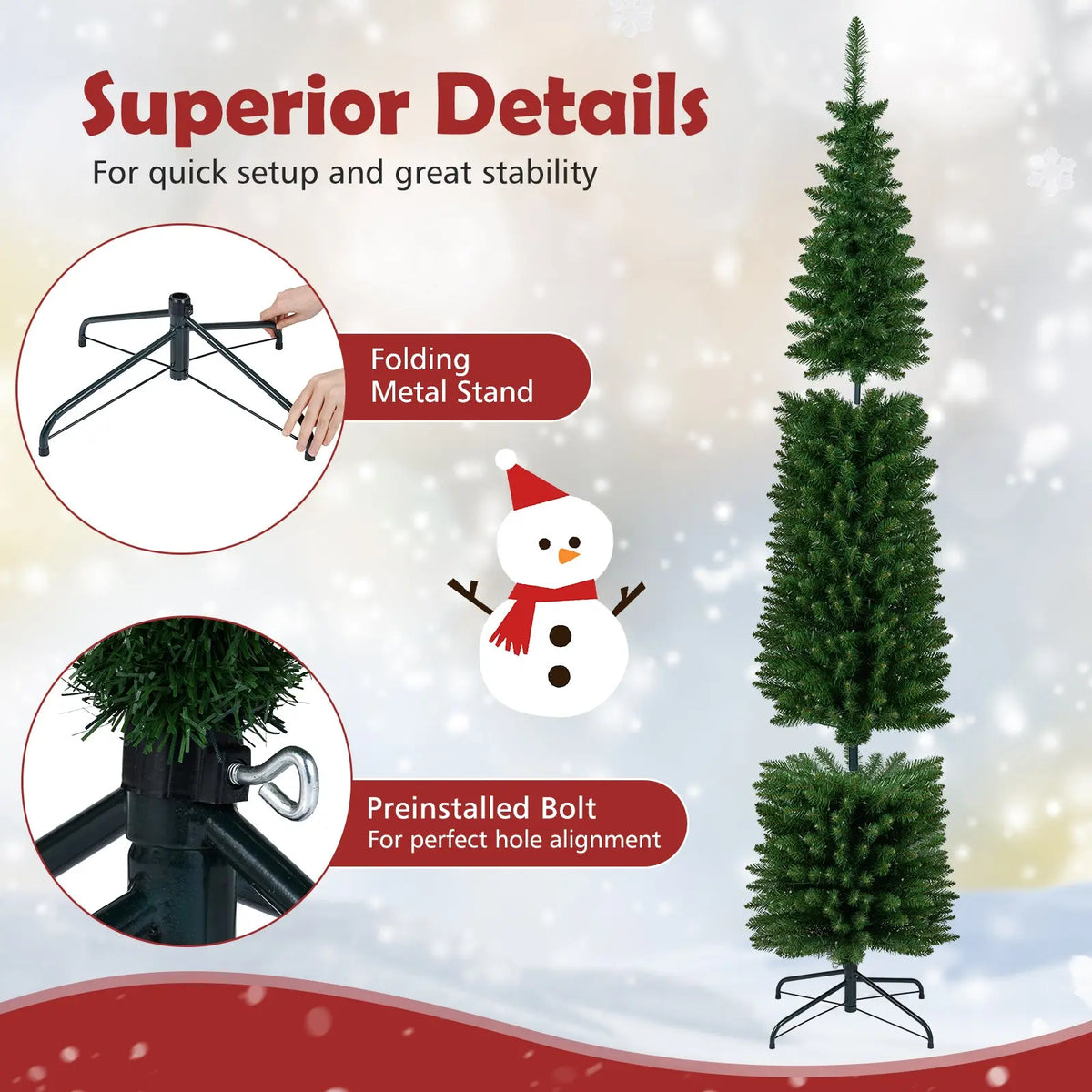 5/6/7/8/9 Feet Pre-lit Pencil Artificial Christmas Tree with 150/180/200//300/400 Warm White LED Lights