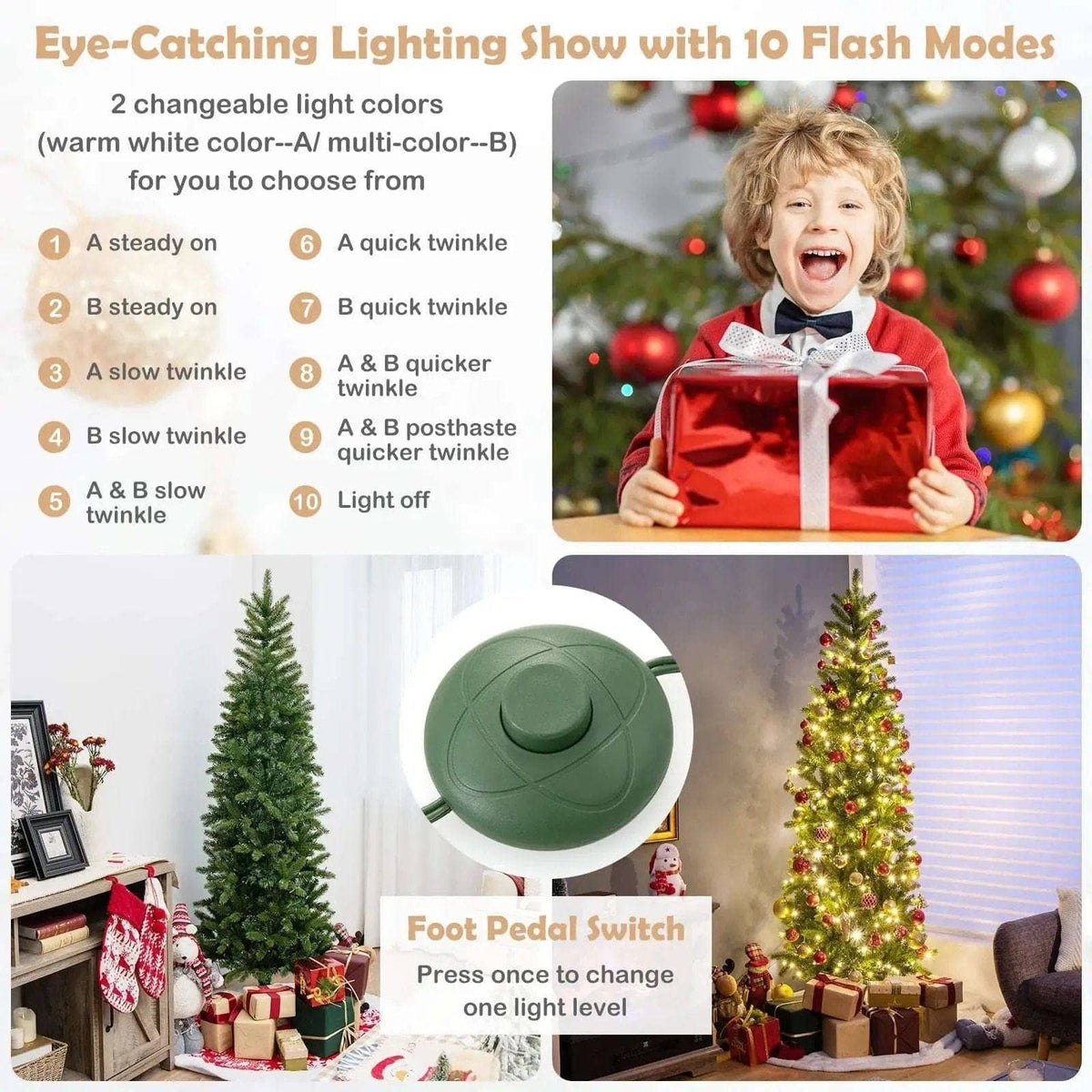 6 Feet Pre-Lit Artificial Christmas Pencil Tree with 648 PVC PE Branch Tips Cartsfy Inc.