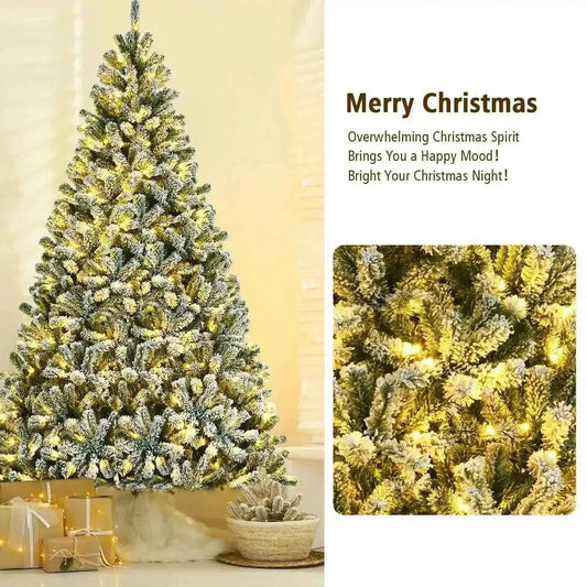 6 Feet Pre-lit Snow Flocked Hinged Christmas Tree with 928 Tips and Metal Stand