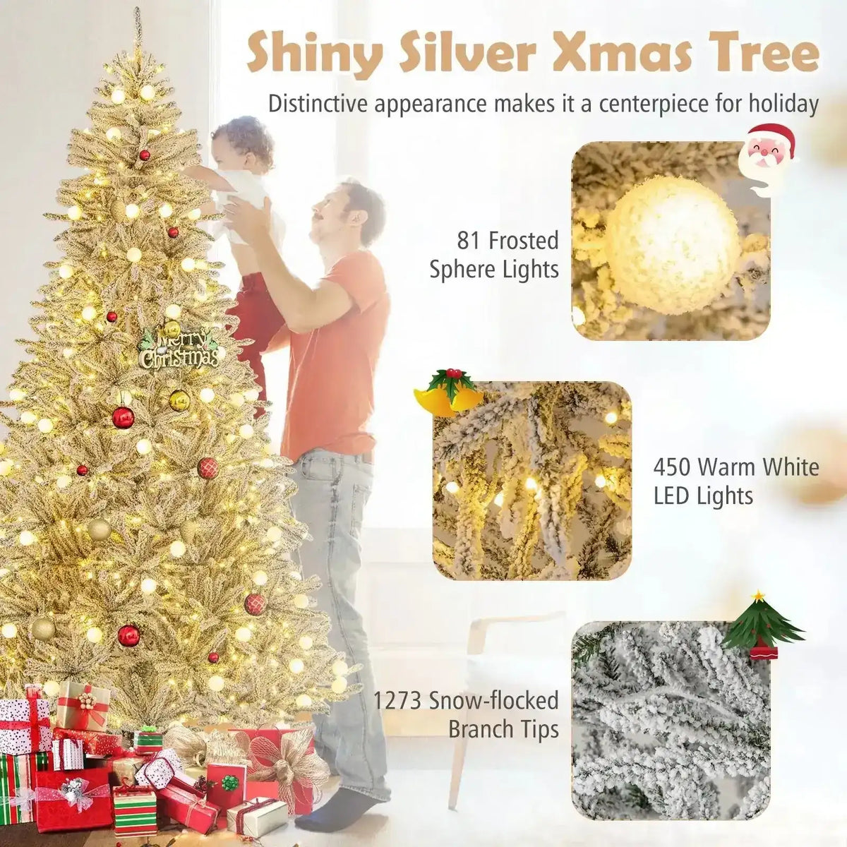 6 Feet Snow-flocked Artificial Christmas Tree Pre-lit Hinged with 81 Sphere Lights and Remote Cartsfy Inc.