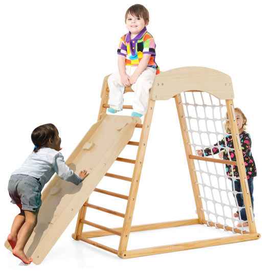 6-in-1 Jungle Gym Wooden Indoor Playground with Double-Sided Ramp and Monkey Bars-Natural VYSN Default Title Default Title-