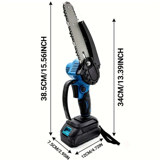 Cordless mini chainsaw on stand with guide bar and chain, showing height and length