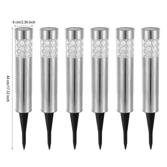 6-pack outdoor solar garden lights showing full stainless steel body and black spike