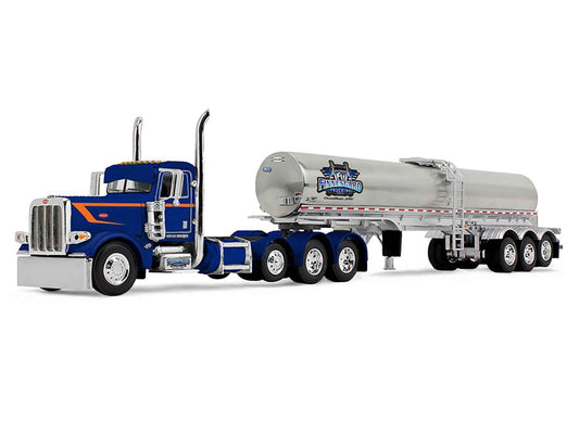 Diecast Peterbilt 389 truck model, blue cab with orange-striped gray tank trailer