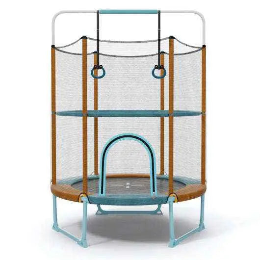 60-inch trampoline with gymnastic bar and rings, orange frame, arched safety net