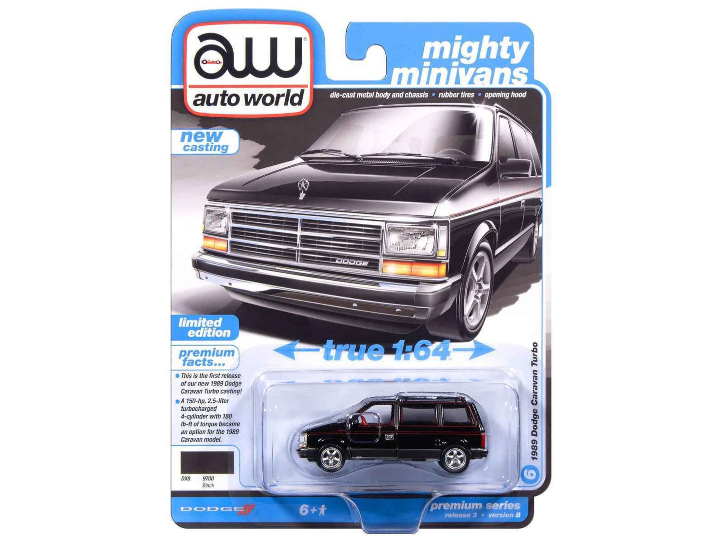1989 Dodge Caravan Turbo Van Black with Red Stripes and Interior "Mighty Minivans" Series 1/64 Diecast Model Car by Auto World Miniature Motors Default Title Default Title-