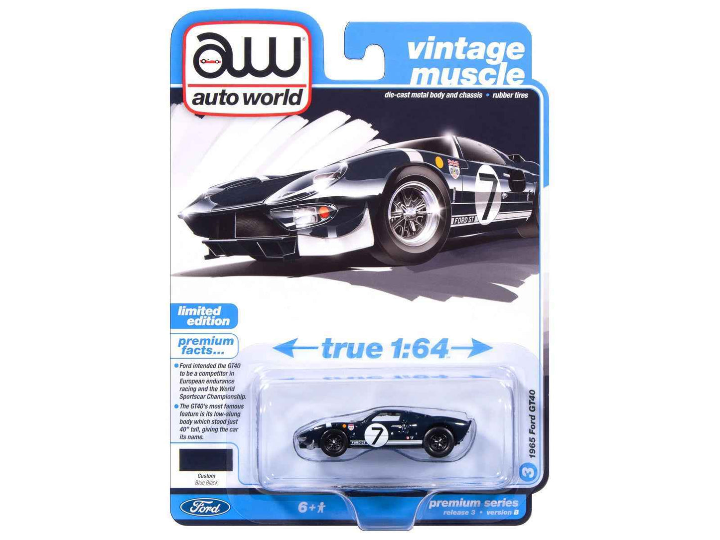 1965 Ford GT40 #7 Blue Black with White Stripes "Vintage Muscle" Series 1/64 Diecast Model Car by Auto World Miniature Motors Default Title Default Title-